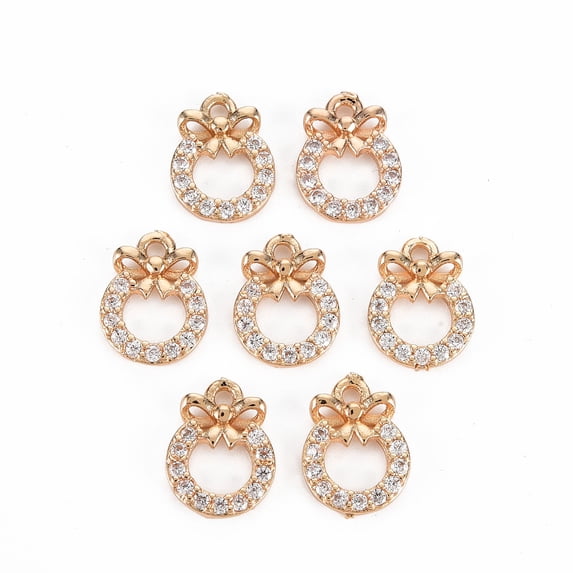 Rack Plating Brass Micro Pave Clear Cubic Zirconia Charms Long-Lasting Plated Cadmium Free & Lead Free Bowknot Light Gold 12x9x2.5mm Hole: 1.2mm