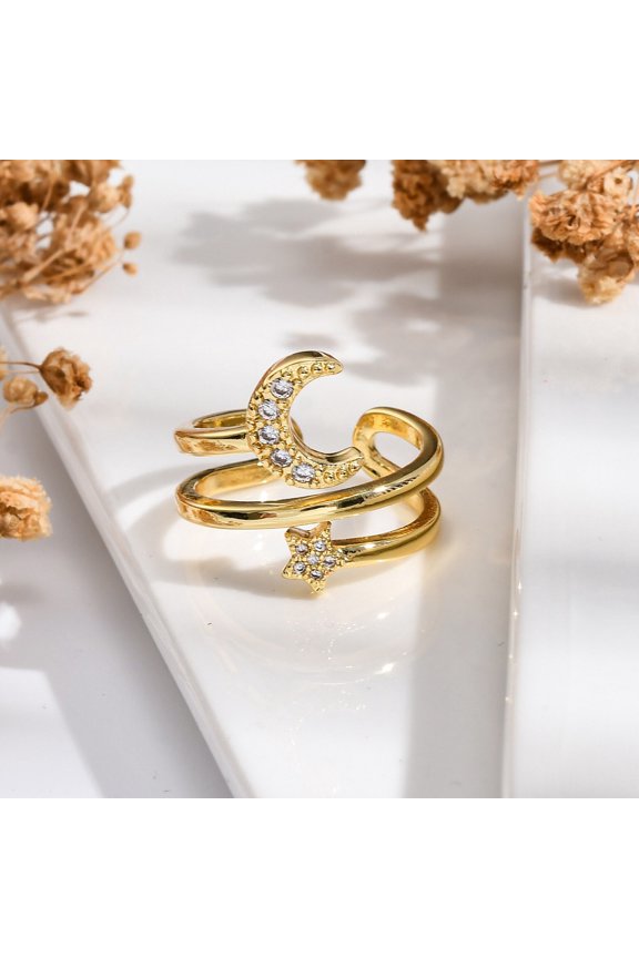 Rack Plating Brass Micro Pave Clear Cubic Zirconia Cuff Finger Rings for Women Long-Lasting Plated Moon & Star Real 18K golden Plated 18.5mm Brass+Cubic Zirconia