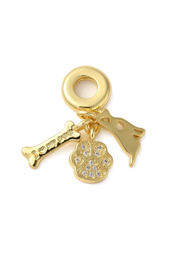 Rack Plating Brass Micro Pave Clear Cubic Zirconia European Dangle Charms Dog & Bone & Paw Print Large Hole Pendants Cadmium Free & Lead Free Long-Lasting Plated Real 18K Gold Plated 25mm Hole: 5mm