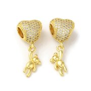 Rack Plating Brass Micro Pave Clear Cubic Zirconia European Dnagle Charms Heart with Bear Large Hole Cadmium Free Lead FreeBear 15x8x2.5mm