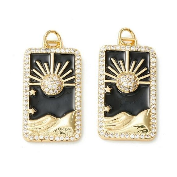 Rack Plating Brass Micro Pave Clear Cubic Zirconia Pendants with Enamel Cadmium Free & Nickel Free & Lead Free Real 18K golden Plated Rectangle with Sun Black 27x14x3.5mm Hole: 3.4mm