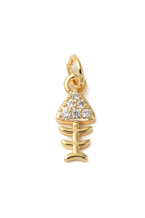 Rack Plating Brass Micro Pave Cubic Zirconia Charms Cadmium Free & Lead Free Long-Lasting Plated Fish Bone Real 18K Gold Plated 13x5.5x2.5mm Hole: 3mm