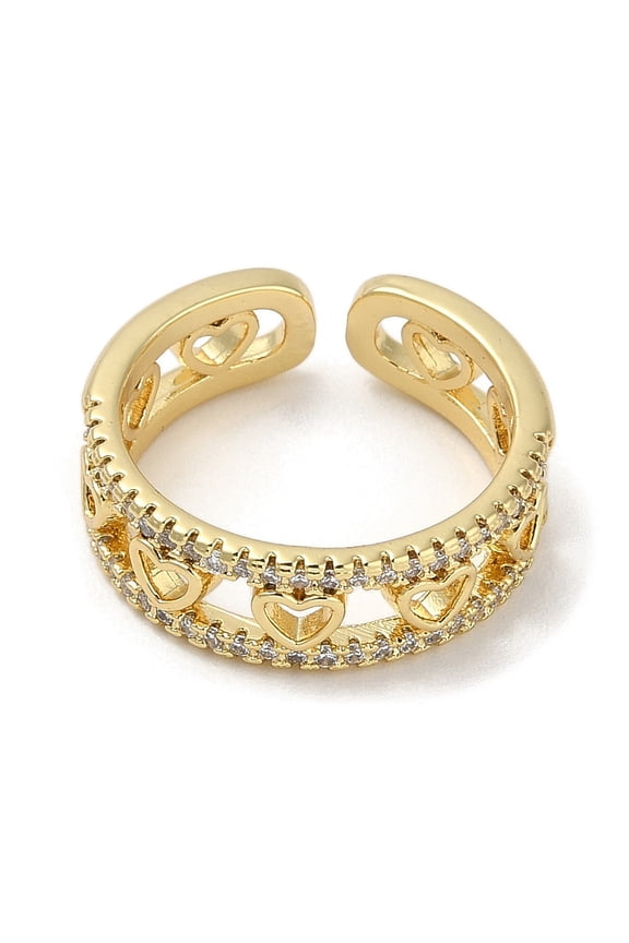 Rack Plating Brass Micro Pave Cubic Zirconia Cuff Finger Rings for Women Cadmium Free & Lead Free Long-Lasting Plated Real 18K golden Plated Heart 7mm Inner Diameter: adjustable
