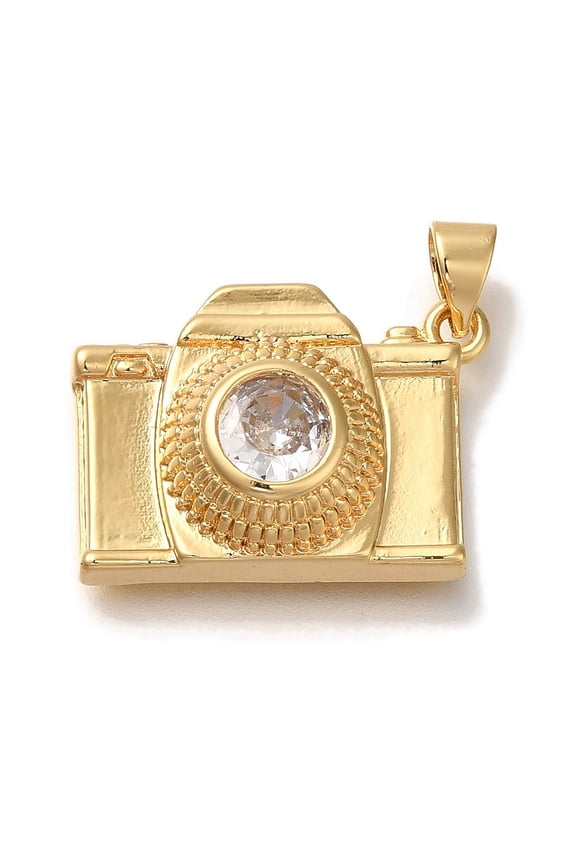 Rack Plating Brass Micro Pave Cubic Zirconia Pendants Cadmium Free & Lead Free Long-Lasting Plated Camera Real 18K golden Plated 15.5x22x8mm Hole: 5x3.5mm