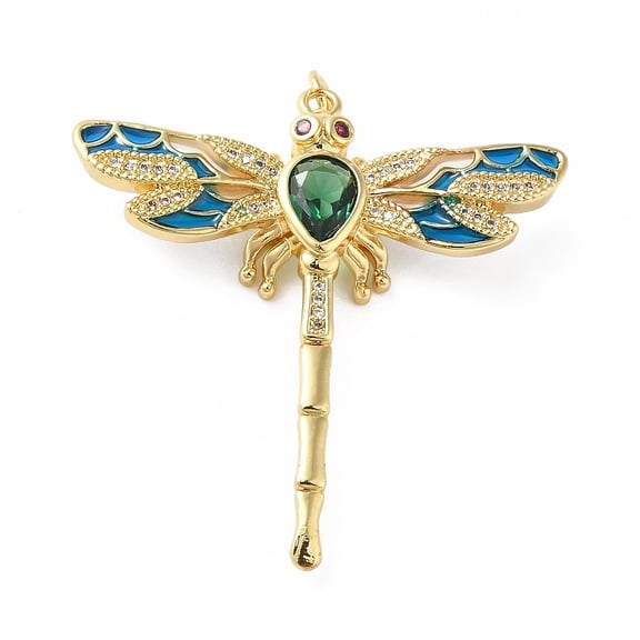 Rack Plating Brass Micro Pave Cubic Zirconia Pendants with Enamel Real 18K golden Plated Long-Lasting Plated Lead Free & Cadmium Free Dragonfly Steel Blue