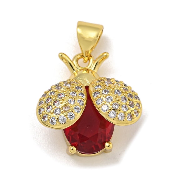 Rack Plating Brass Micro Pave Cubic Zirconia Pendants with Glass Long-Lasting Plated Cadmium Free & Lead Free Real 18K golden Plated Ladybug Dark Red 16.5x16x9mm Hole: 3.5x4.5mm