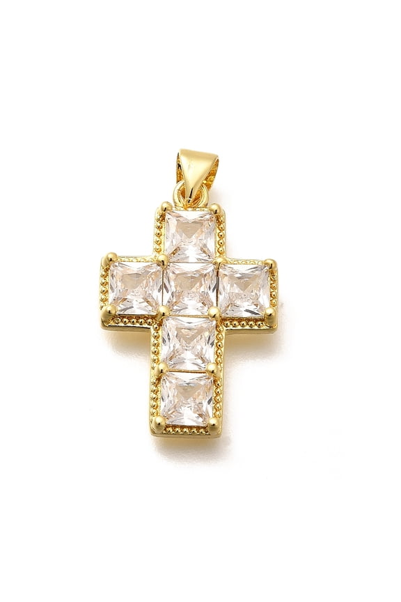 Rack Plating Brass Micro Pave Cubic Zirconia Pendants Long-Lasting Plated Lead Free & Cadmium Free Cross Charms Real 18K Gold Plated 25.5x17x4.5mm Hole: 5x3mm