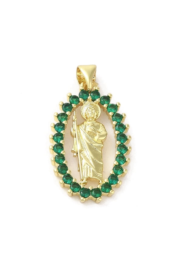 Rack Plating Brass Micro Pave Cubic Zirconia Pendants Oval with Jesus Long-Lasting Plated Real 18K golden Plated 25x15.5x2.5mm Hole: 4x3mm