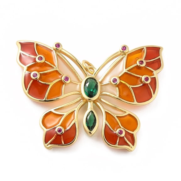 Rack Plating Brass Micro Pave Cubic Zirconia Pendants with Enamel Real 18K golden Plated Butterfly Dark Orange 30x39.5x3mm Jump Ring: 5x0.8mm