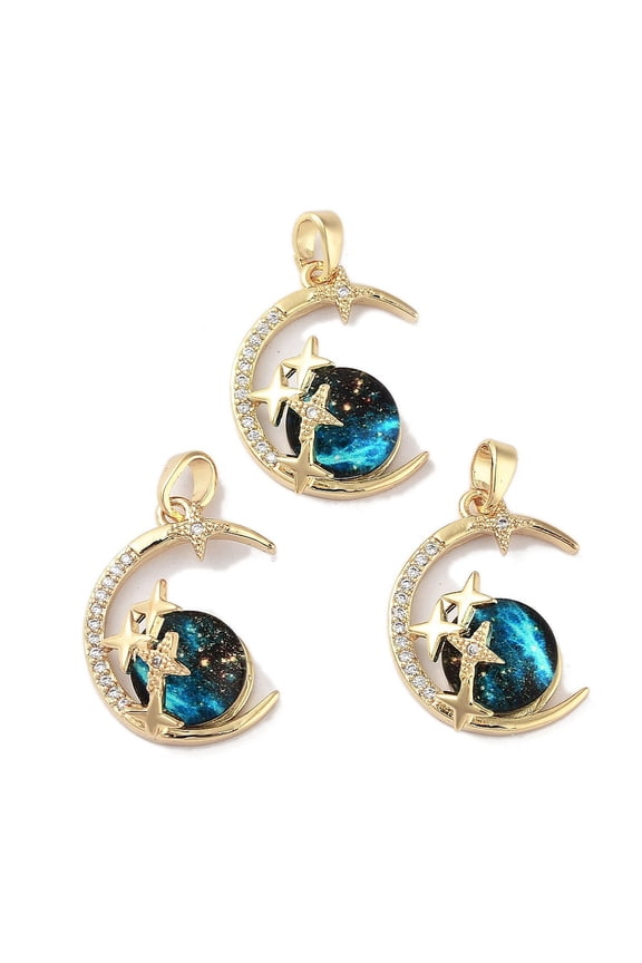 Rack Plating Brass Pave Clear Cubic Zirconia Pendants Moon with Star Charms with Epoxy Resin Real 18K Gold Plated Long-Lasting Plated Cadmium Free & Lead Free Cyan 21.5x16.5x8mm Hole: 3x4.5mm