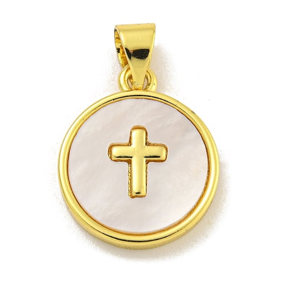Rack Plating Brass Pave Nature Shell Cross Pendants Flat Round Charms Long-Lasting Plated Lead Free & Cadmium Free Real 18K Gold Plated 16.5x13.5x2mm Hole: 4x3mm
