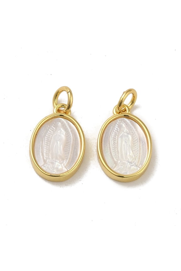 Rack Plating Brass Pave Shell Oval Charms Mary Virgin Charms with Jump Ring Long-Lasting Plated Lead Free & Cadmium Free Real 18K Gold Plated 14.5x9.5x3mm Hole: 3mm