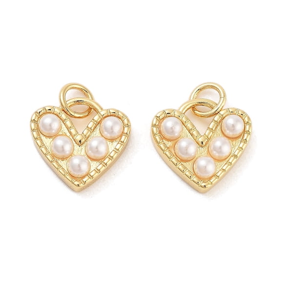 Rack Plating Brass Pearl Charmts with Jump Ring Long-Lasting Plated Lead Free Cadmium Free Heart Real 18K golden Plated 12.5x13x4mm Hole: 3mm