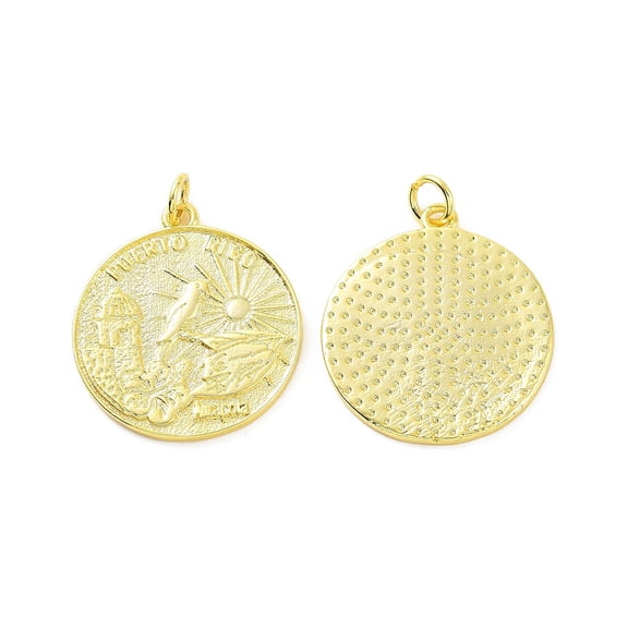 Rack Plating Brass Pendants with Jump Ring Long-Lasting Plated Cadmium Free & Lead Free Flat Round with Word Puerto Rico & Bird Real 18K Gold Plated 24x22x1.5mm Jump Ring: 5x0.8mm Inner Diameter: 3mm