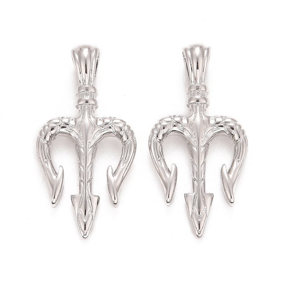 Rack Plating Brass Pendants Long-Lasting Plated Lead Free & Cadmium Free Three Teeth Fork Real Platinum Plated 21x10.5x4mm Hole: 3.5x2mm