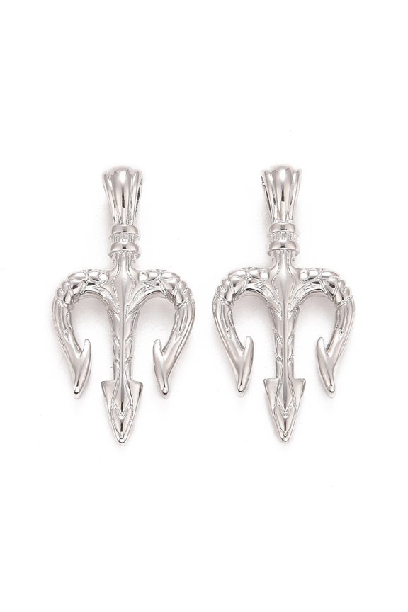 Rack Plating Brass Pendants Long-Lasting Plated Lead Free Cadmium Free Three Teeth Fork Real Platinum Plated 21x10.5x4mm Hole: 3.5x2mm