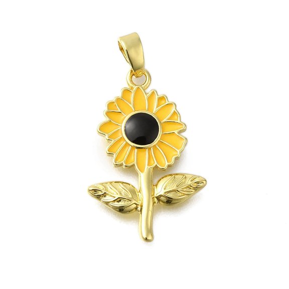 Rack Plating Brass Pendants with Enamel Lead Free Cadmium Free Long-Lasting Plated Sunflower Charm Real 18K golden Plated 24x16x2mm Hole: 5x2mm