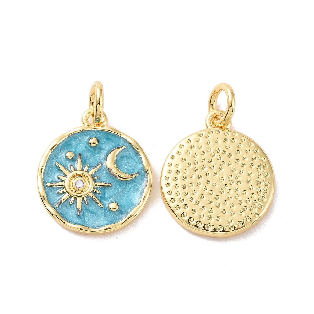 Rack Plating Brass Pendants with Enamel and Jump Ring Cadmium Free Lead Free Long-Lasting Plated Flat Round with Sun Moon Pattern for diy