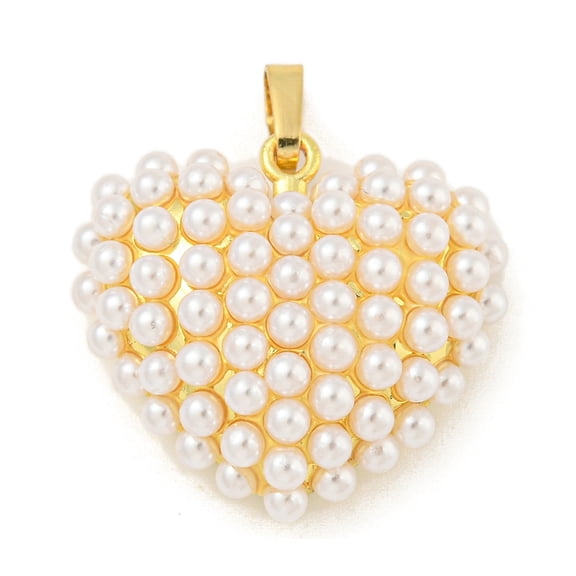 Rack Plating Brass & Plastic Imitation Pearl Pendants Cadmium Free & Lead Free Real 18K Gold Plated Heart 22.5x24x9.5mm Hole: 6x3.5mm
