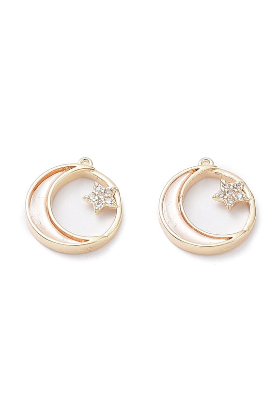 Rack Plating Brass Shell Pendants with Cubic Zirconia Long-Lasting Plated Flat Round with Moon Charms Real 18K golden Plated 12.5x11x2mm Hole: 0.7mm