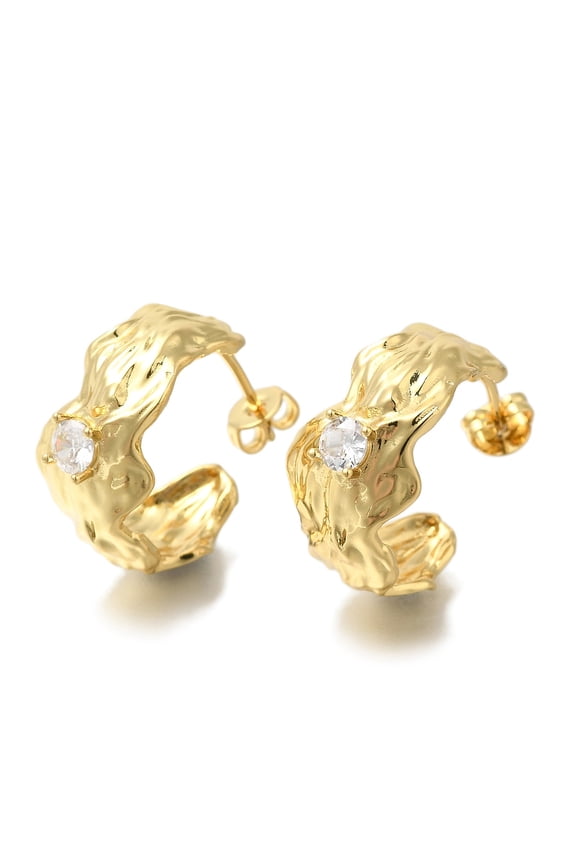 Rack Plating C-Shaped Brass Pave Clear Cubic Zirconia Stud Earrings Long-Lasting Plated Lead Free Cadmium Free Real 18K Gold Plated 20x11mm