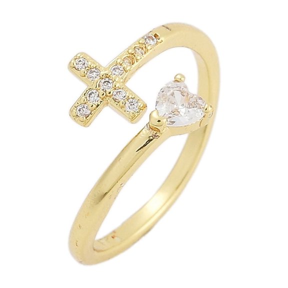 Rack Plating Cross & Heart Brass Micro Pave Cubic Zirconia Cuff Rings for Women Long-Lasting Plated Cadmium Free & Lead Free Real 18K golden Plated US Size 7 1/4(17.5mm)