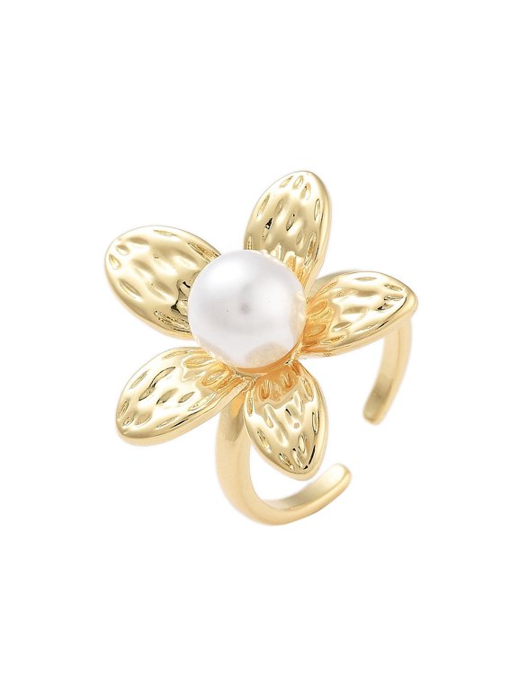 Rack Plating Flower Brass Open Cuff Rings for Women with Imitation Pearl Long-Lasting Plated Real 18K Gold Plated Flower: 25x24.5mm Adjustable