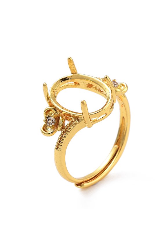 Rack Plating Oval Micro Pave Cubic Zirconia Adjustable Solitaire Ring Components 4 Claw Prong Ring Settings Golden Tray 12x8mm Inner Diameter 19mm