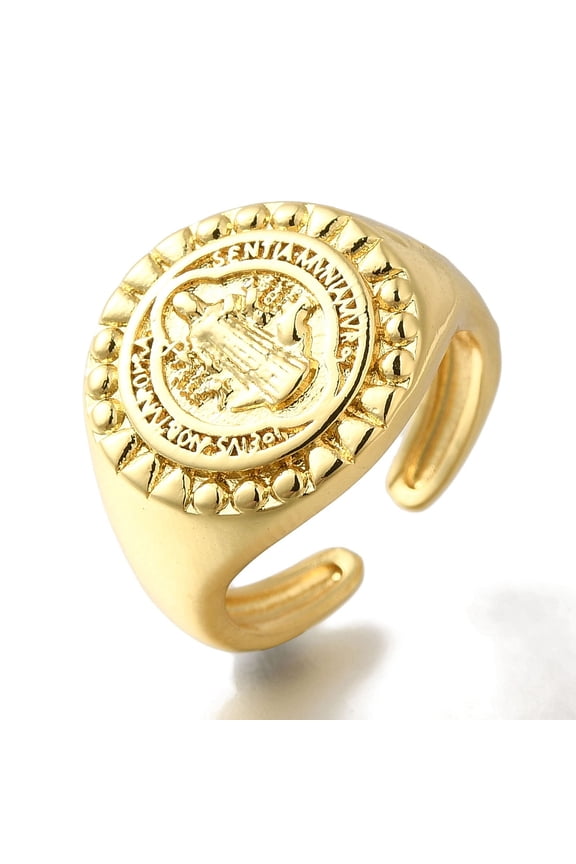 Rack Plating Round with Saint Brass Open Cuff Rings Signet Rings for Women Cadmium Free Lead Free Long-Lasting Plated Real 18K Gold Plated