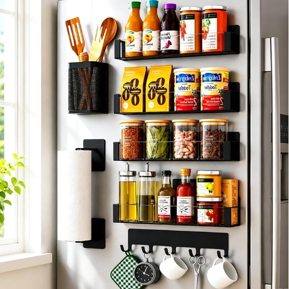 Rack for Refrigerator, 8 Pack Clear Front Metal Shelves with Hooks Rack, Utensil & Adjustable Paper Towel Holder, No Drill Kitchen Storage Organizer