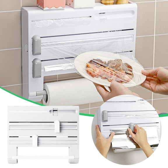 Rack Storage Organizer 6 In 1 Multifunctional Wall Mount Foil Cling Film Cutter Cling Film Foil Dispenser Kitchen Rack and Paper Towel Holder for Efficient Countertop Space