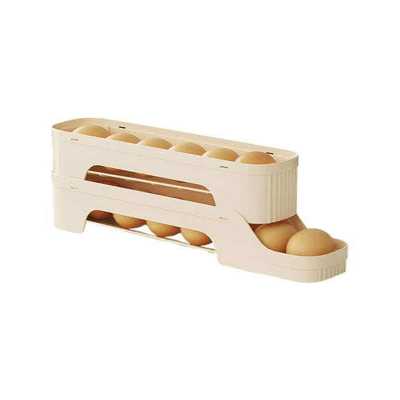 Rack Storage Solution for Kitchen – Large Capacity Egg Holder with Auto Rolling Design for Fridge and Side Door Fit Stackable Refrigerator Egg Tray Organizer, 35x11cm, Beige