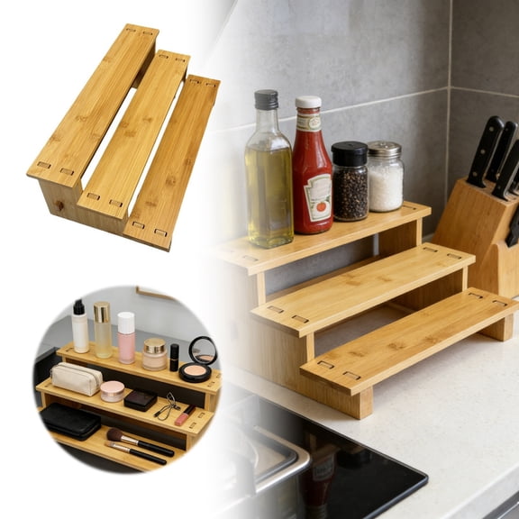 Rack Storage Solutions for Cabinet Organization and Tier Display—Three Bamboo Shelving Unit for Kitchen Living Room or