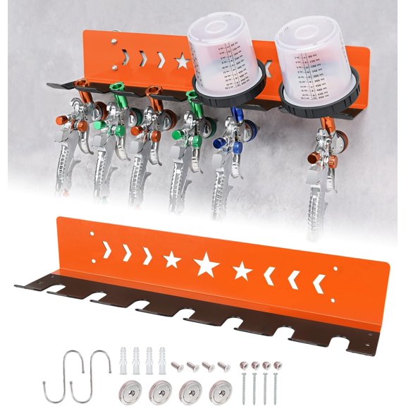 Rack for or Wall Mount, Holds 7 Gravity Feed or 4 with Cups, Heavy-Duty Steel Organizer with S-Hooks for Garage, Shop or Workshop, Orange