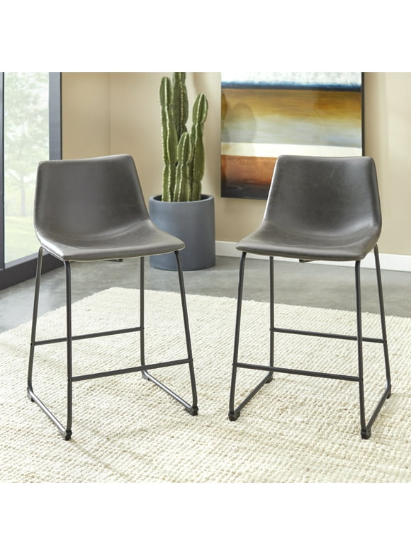 Rackham George PU Leather Counter Stool Set of 2 - N/A Yes Armless Standard Grey Black Finish Upholstered Counter height Urban, Industrial, Vintage
