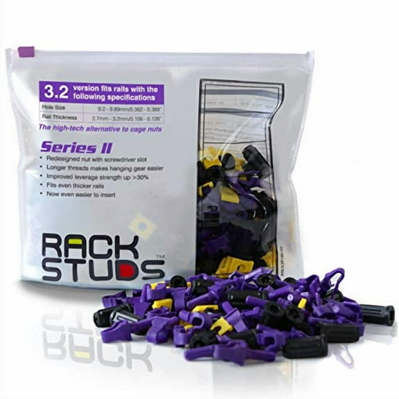 Rackstuds P100 Rack Mount Solution Series II - No More Cage Nuts! The Easiest and Safest Server Rack Solution in 19" Racks with Square Punched Vertical Rails | 100-pack, Purple, 3.2mm/0.126" Version