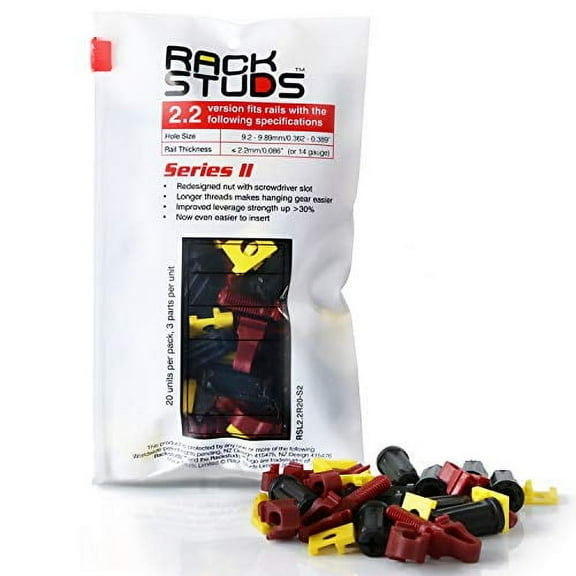 Rackstuds R20 Rack Mount Solution Series II - No More Cage Nuts! The Easiest and Safest Server Rack Solution in 19" Racks with Square Punched Vertical Rails | 20-Pack, Red, 2.2mm/0.086" Version