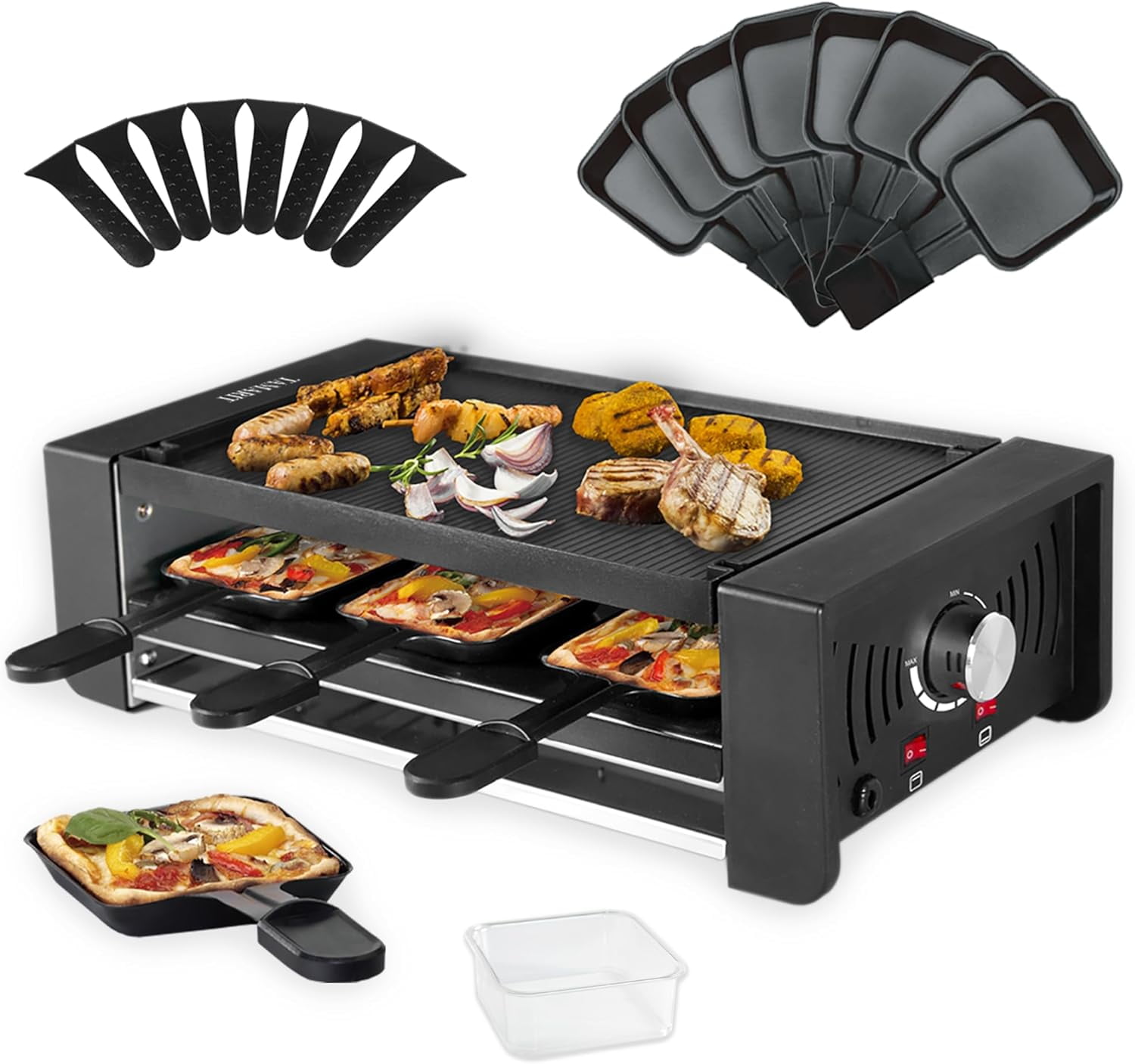 Raclette Grill For 8 People - 2-in-1 Electric Table Grill With Natural Stone & Non-Stick Plates