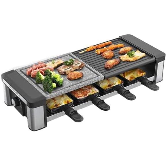 Raclette Grill, 1200W Electric Indoor Table Grill with Reversible Non-Stick Plate & Natural Stone | 3 in 1 BBQ Raclette with 8 Cheese Melt Pans, Wooden Spatulas & Temperature Control