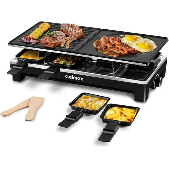 Raclette Grill, Electric Grill, Reversible 2 in 1 Non-stick Grill & Griddle Plates, Portable Korean Grill with 8 Paddles & Shovels, Black New Model