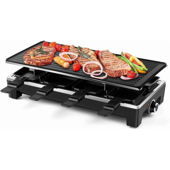 Raclette Grill,  Electric Table Indoor Grill Korean BBQ Grill, Removable 2-in-1 Non-Stick Grill Plate, 1500W  Heating with 8 Cheese Melt Pans, Ideal for Parties and Family Fun