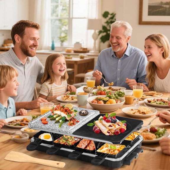 Raclette Grill Indoor Grills Electric Smokeless Korean BBQ Grill Table, 2 in 1 Nonstick Plate & Cooking Stone with Raclette Cheese Pans &Spatula, Griddle Adjustable Temperature 1300W Home Party