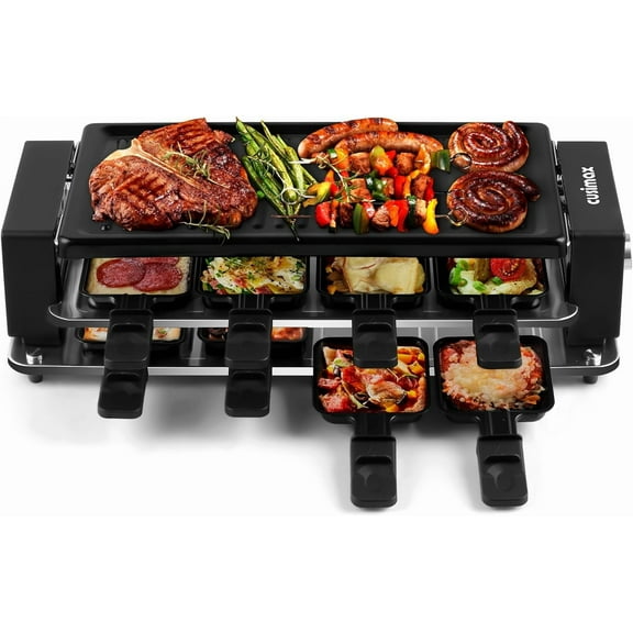 Raclette Grill Korean BBQ Grill, Portable Table Electric with Non-stick Plate, Adjustable Temperature Control, Indoor Cool Touch Handles, 8 Cheese Trays for Fun
