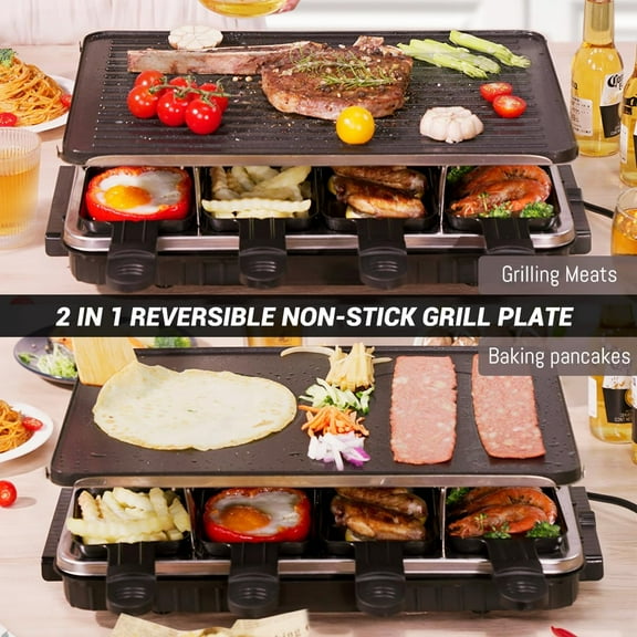 Raclette Table Grill, Electric Indoor Korean Barbecue Grill, Portable BBQ Tabletop Griddle, 2 in 1 Reversible Non-stick Plate, 1300W Fast Heating Crepe Maker with 8 Square Raclette Cheese Pans