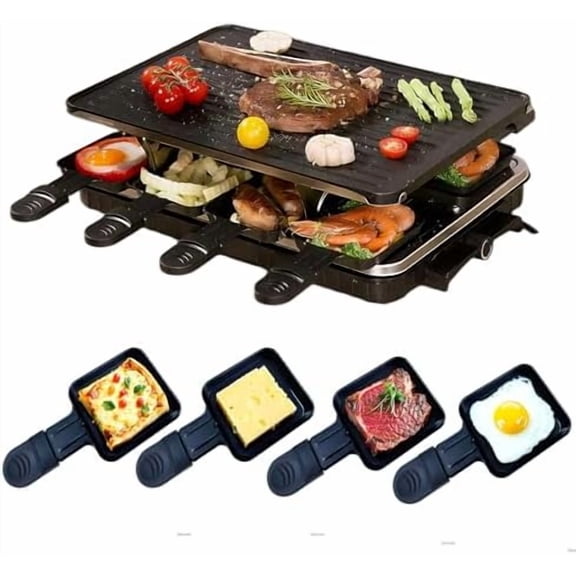 Raclette Table Grill, Electric Korean BBQ Grill, 2-in-1 Nonstick Electric Griddle with 8 Raclette Cheese Pans, Adjustable Temperature Control, 1300W, Ideal for Family and Party Fun