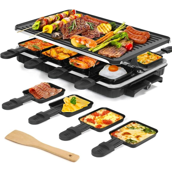 Raclette Table Grill, Indoor Grill Korean BBQ Grill Electric Griddle, 2 in 1 Electric Griddle Nonstick with 8 Raclette Cheese Pans Adjustable Temperature Control 1300W Ideal for Family and Party Fun