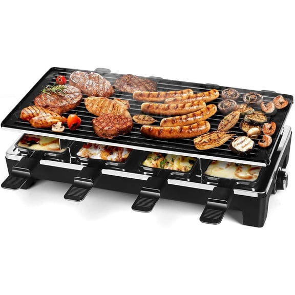 Raclette Table Grill, Indoor Grill Korean BBQ Grill, Removable 2-in-1 Non- Grill Plate, 1500W Heating with 8 Cheese Melt Pans, for Parties and Family Fun (Black)