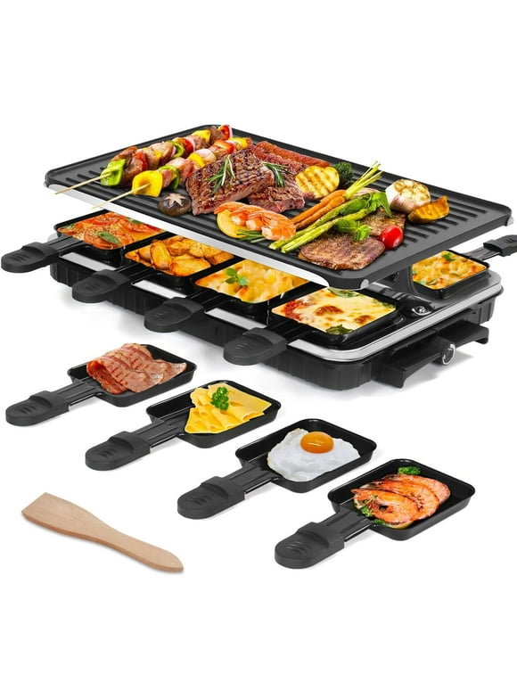Raclette Table Grill,Korean BBQ Indoor Electric Grill Griddle,2 in 1 Electric Griddle Nonstick with 8 Raclette Cheese Pans Adjustable Temperature for Family and Party