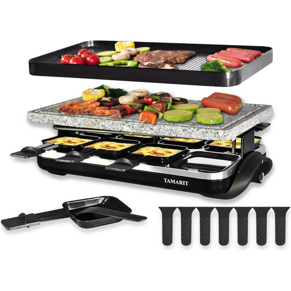 Raclette Table Grill Portable 3 in 1 Korean Barbecue BBQ Electric Indoor Griddle with Non-Stick Reversible Plate and Cooking Stone for Steak 1400W Raclette Grill for 8 Person, Black