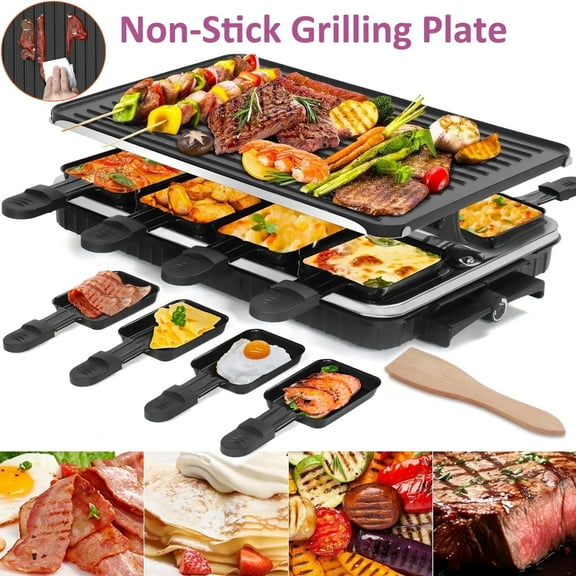 Raclette Table Grill, Removable 2-in-1 Non-Stick Grill Plate,Electric Table Indoor Grill Korean BBQ Grill,1300W Fast Heating with 8 Cheese Melt Pans,Adjustable Temperature,PartiesFamily Fun